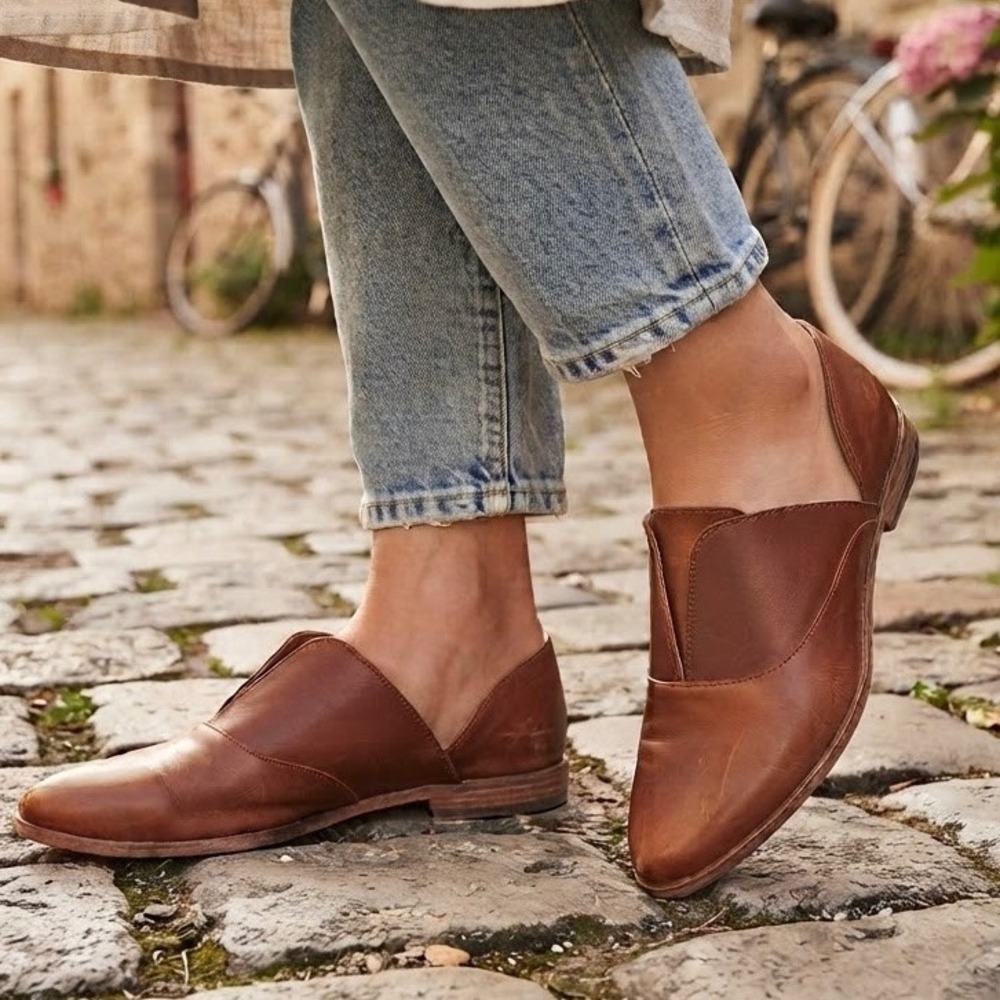 Nisolo Emma d'Orsay Oxford Brandy Leather Pointed Toe Flats Brown Shoes 8,